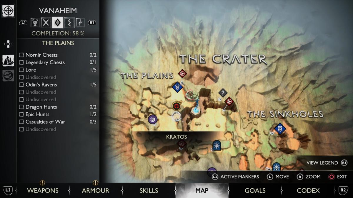 A map view of the Odin's Raven location in The Crater in God of War Ragnarok.